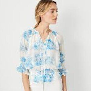 Ann Taylor Floral Toile Tie Neck Smocked